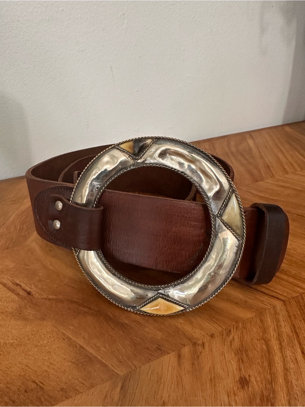 Vtg Brown Leather Statement Belt Oversized Silver Tone Ring Buckle Boho SZ OS